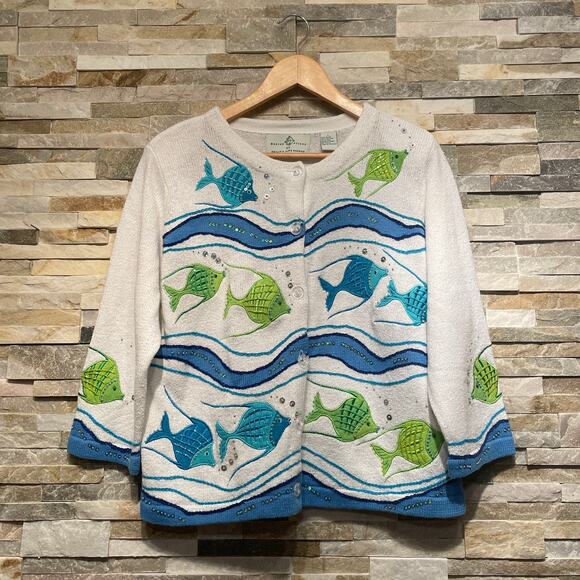 Vintage Design Options L Fish Sequin Cardigan | Rare Coastal Grandma Cottagecore - Picture 5 of 13